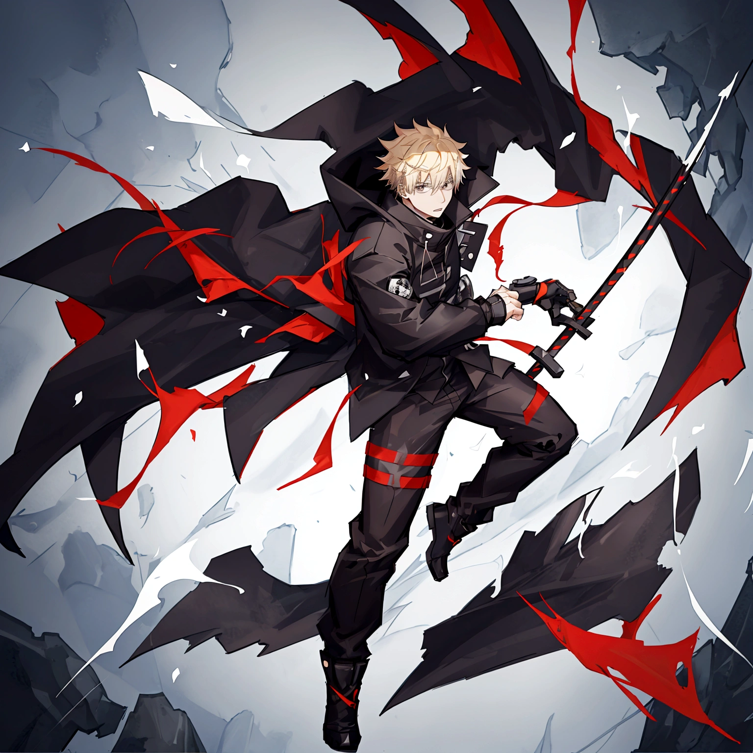 one japanese guy, black parka, blonde with black streak hair, high res, ultrasharp, jujutsu kaisen style, jujutsu kaisen background