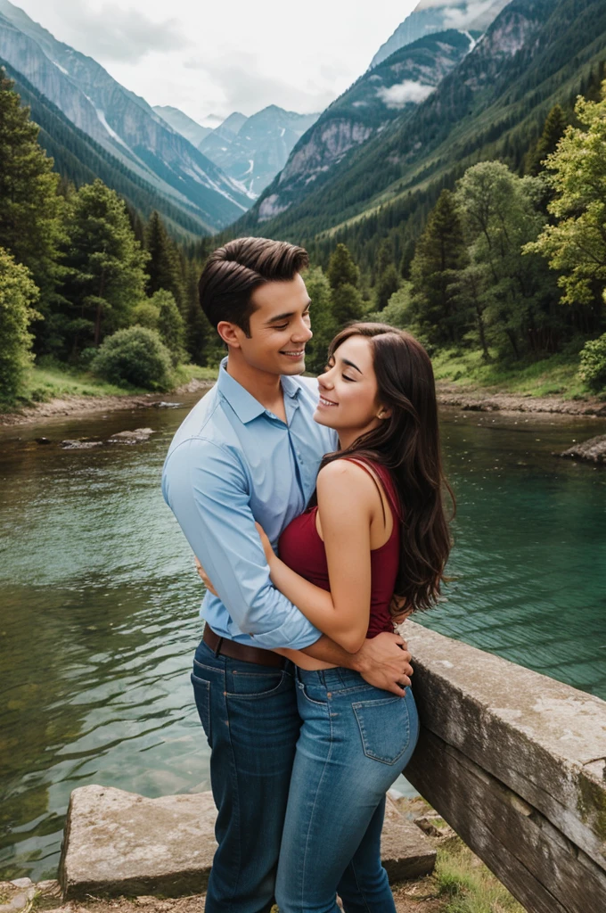 A man hugging his girlfriend in a beautiful scenic view