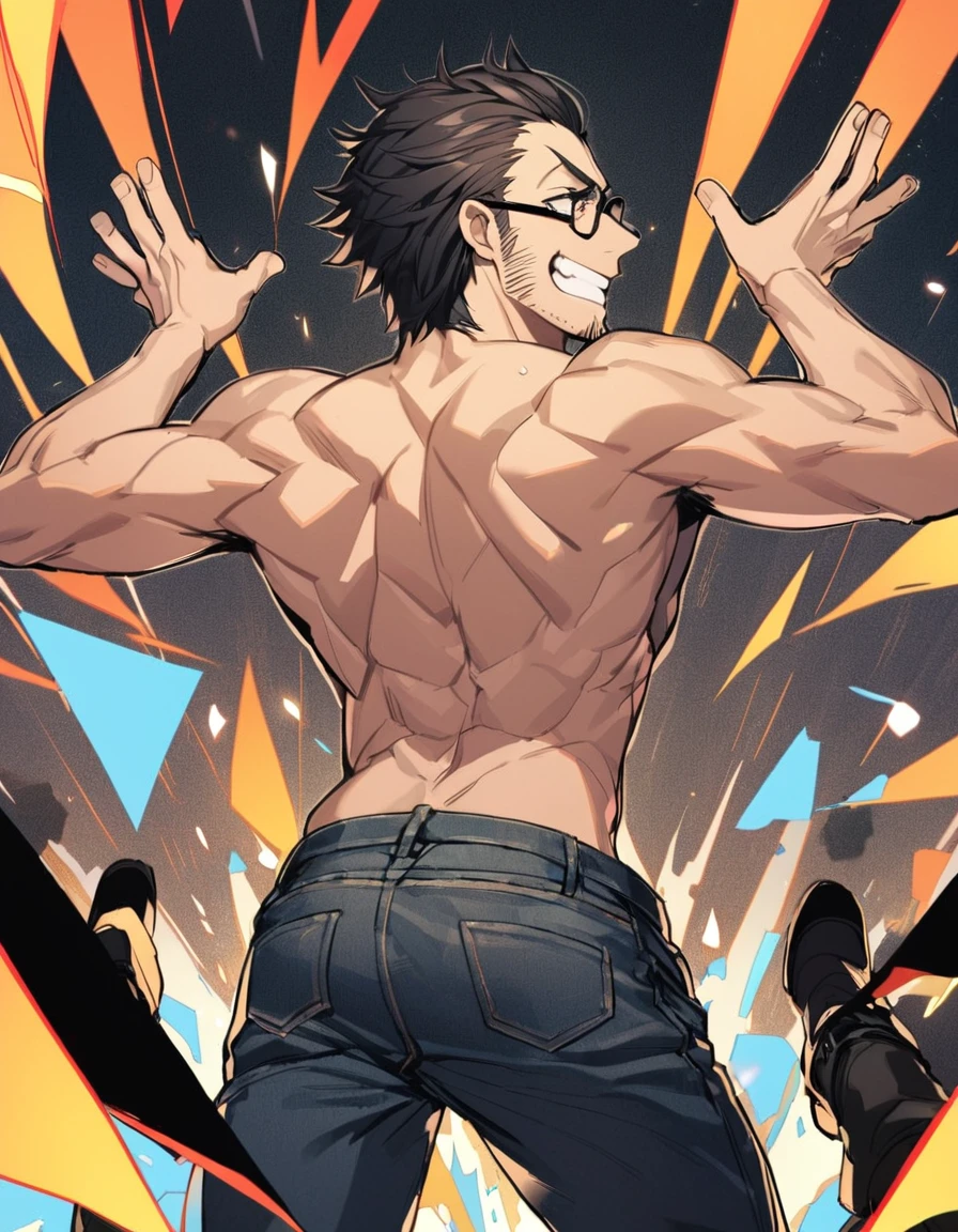 1male,solo,black_hair,two-block_cut_hair,curly_hair,hair_slicked_back,black_eyewear,glasses,stubble,giggling,open mouth, clenched_teeth,abs,topless,denim_pants,open_arms,open_hands,black_leather_boots,back,from behind,