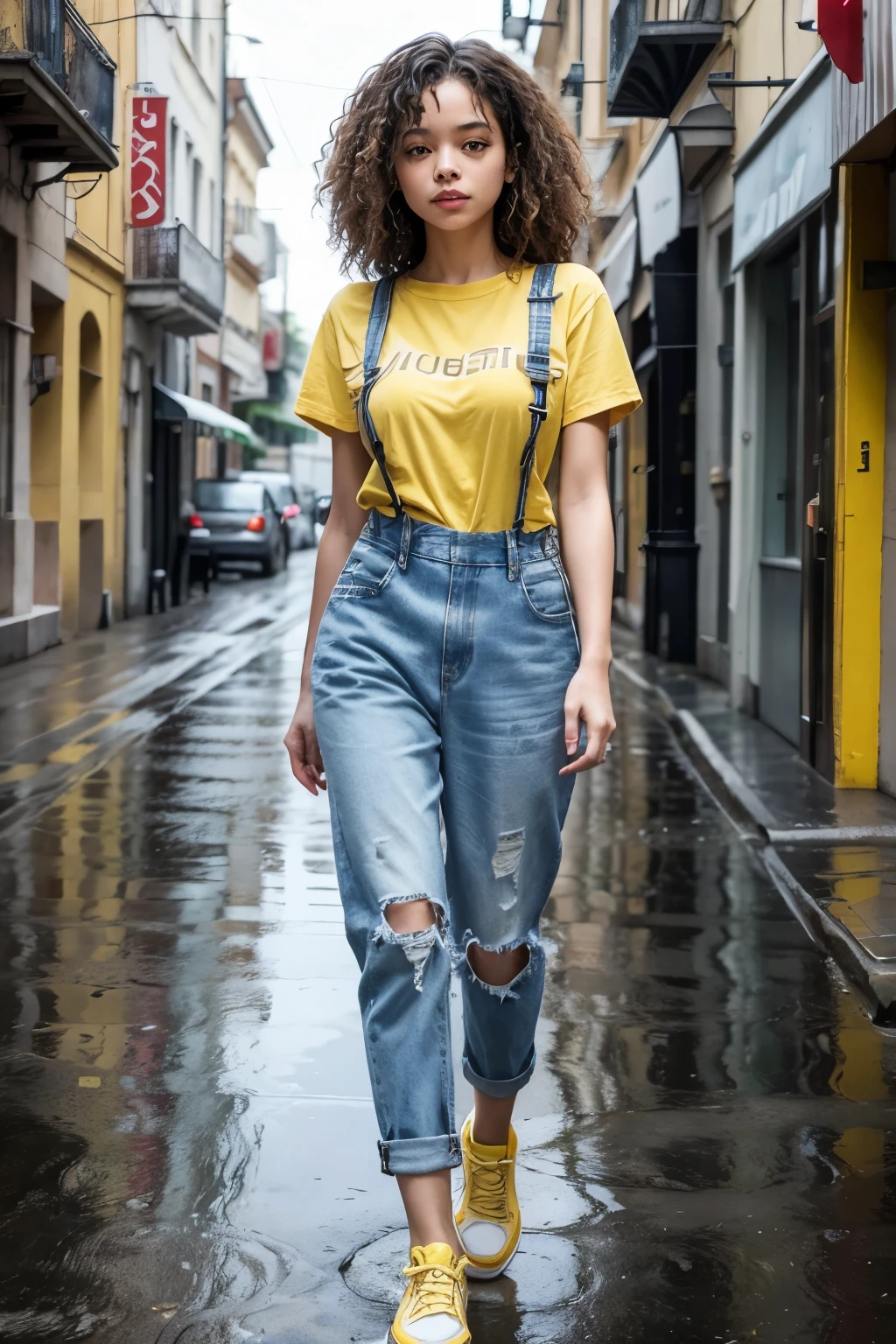 Create an image of a mulatto woman with wavy hair. She is dressed in a modern denim dungaree over a yellow t-shirt., wearing yellow All Star sneakers and yellow low-top socks. She is walking down a street where there is a legitimate Italian bakery. The scene is of a rainy day, with wet sidewalks and some puddles of water reflecting the streetlights.