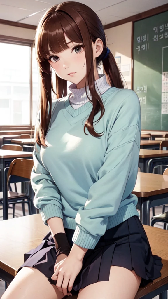 （8K, best quality, Piece Fly:1.2)、Ultra-high resolution,1 female，14 years old、Ultra-fine face,Delicate eyes,Green eyes,Cinema Lighting、Cool、Tree Eyes,Retouched nose,Brown long hair,Ponytail,Red hair band,rest,在教室rest,Korean style sweater school uniform,Blue JK pleated skirt,,rest,((Korean style preppy sweater top)),,Long sleeve,rest,Detailed fingers,attract the audience,Sitting in the classroom,Nervous expression,Serious