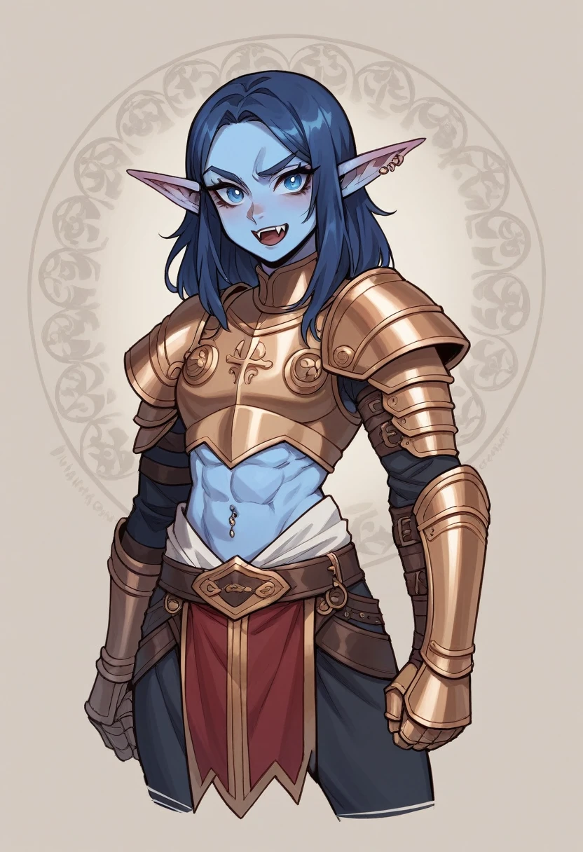 In a seamless blend of features, she possesses blue-azure skin, sharp elf-like ears, and a toned, athletic build. Her prominent fangs and piercing, icy-blue eyes add to her striking appearance. Dark blue hair cascades gracefully to her shoulders. Clad in fully enclosed attire, her outfit is predominantly azure with intricate brown accents and mystical engravings, evoking a medieval fantasy style. Broad, spiked pauldrons, reinforced gauntlets, and sturdy greaves complete her ensemble, highlighting a balance of elegance and otherworldly grace.