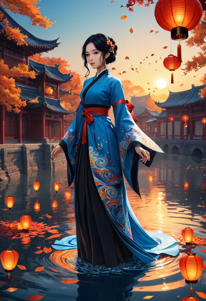 official art, unity 8k wallpaper, ultra detailed, beautiful and aesthetic, masterpiece, best quality, (Fire, water, ribbon, paper cutting), (fractal art:1.3) 1girl,building, (solo:1.5), chinese_clothes, sky, outdoors, wide_sleeves, black_hair, sunset, (falling_leaves:1.2), antern, (paper_lantern:1.5),blue sky, (outdoors:1.5),hanfu, (rainbow-candy:0.8), (style-swirlmagic:0.8),