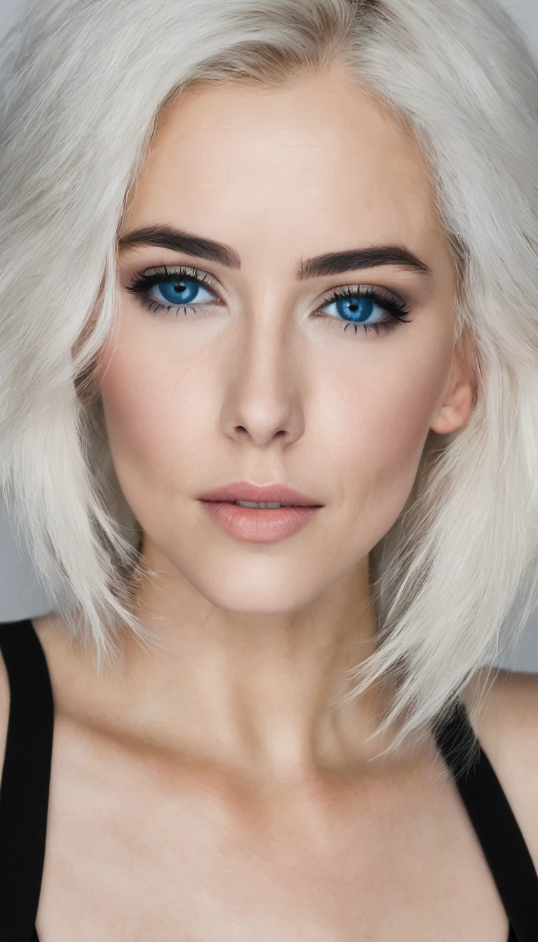 27 year old woman with white hair,blue eyes,white skin with a short black dress that shows her full body