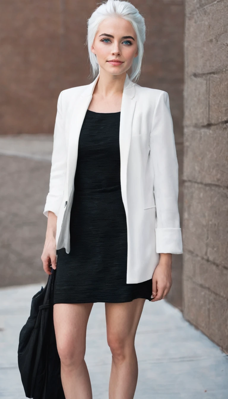 27 year old woman with white hair,blue eyes,white skin with a short black dress that shows her full body