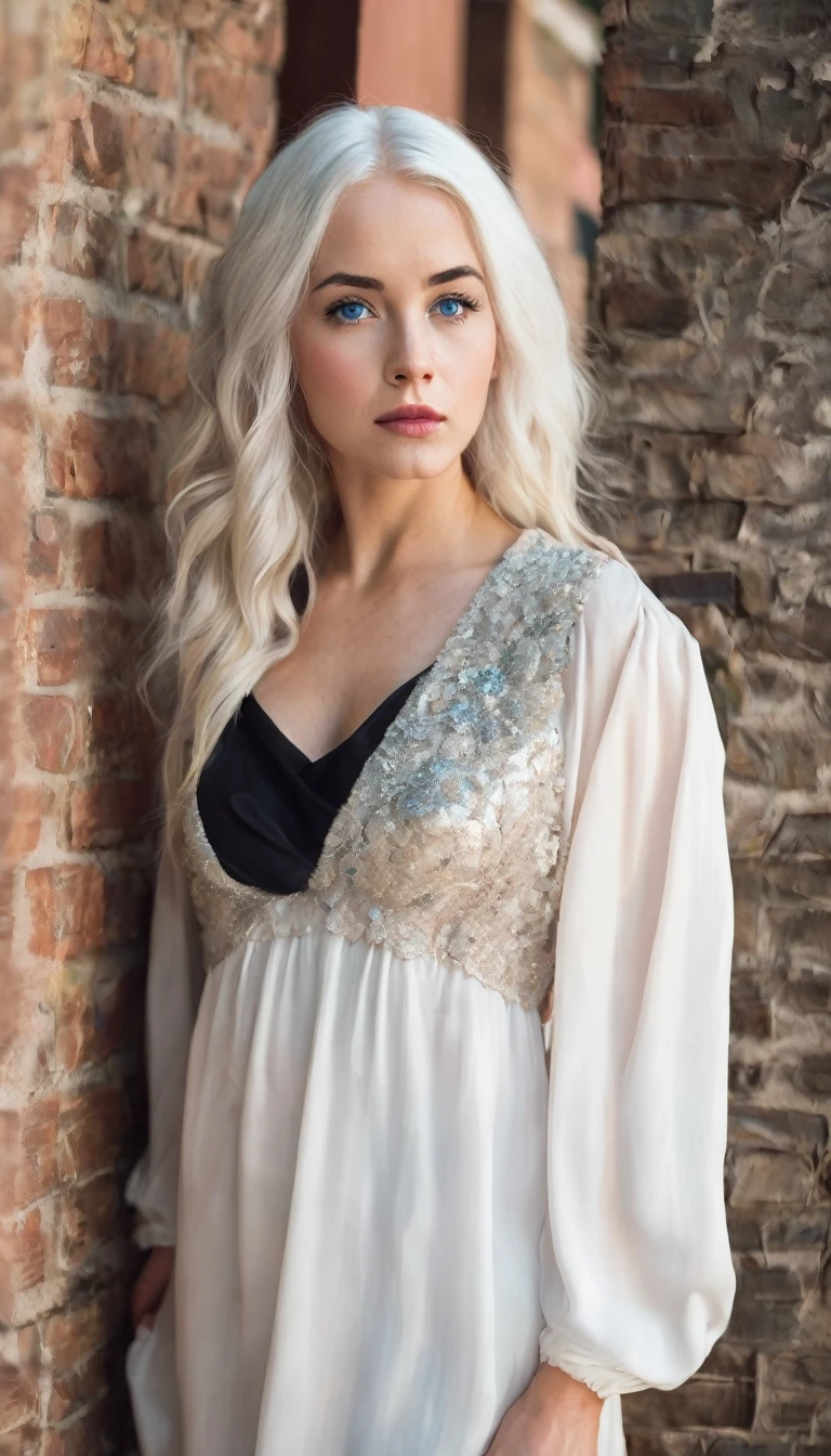 27 year old woman with white hair,blue eyes,white skin with a short black dress that shows her full body