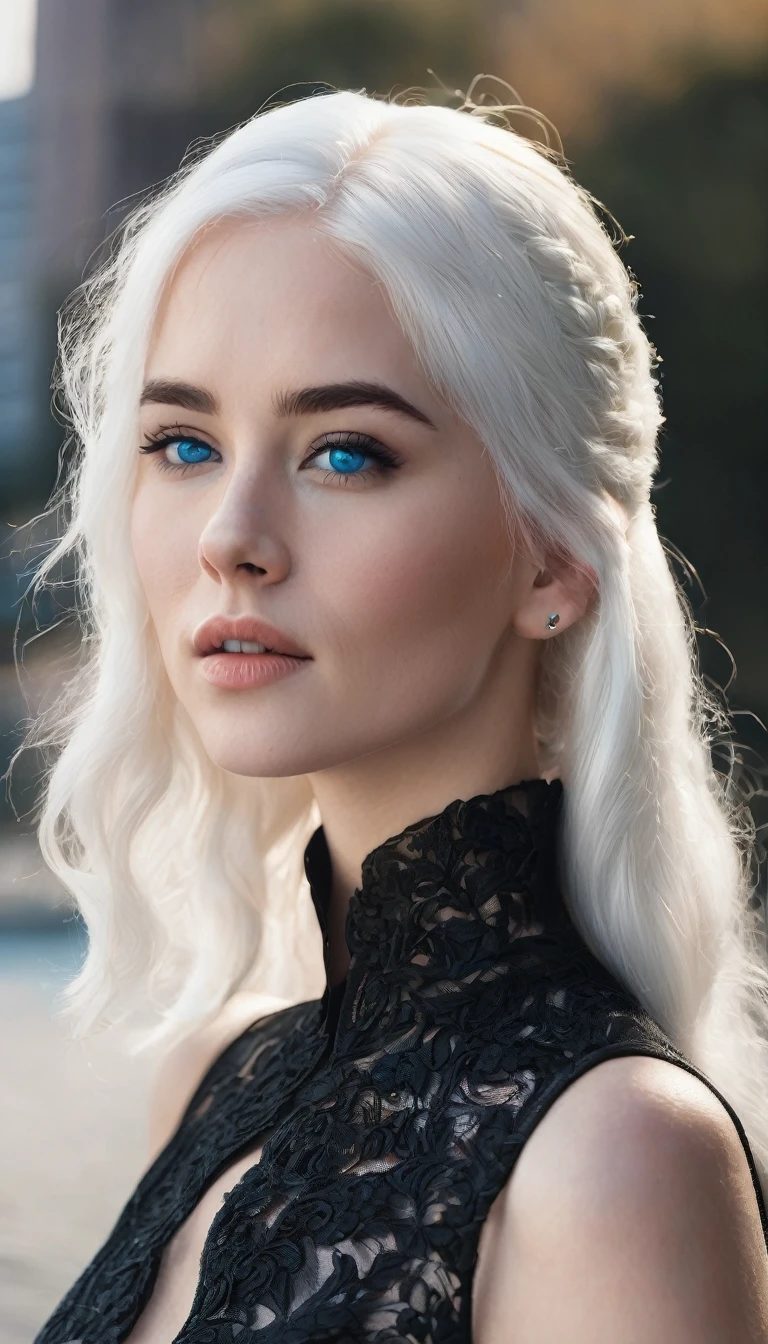 27 year old woman with white hair,blue eyes,white skin with a short black dress that shows her full body
