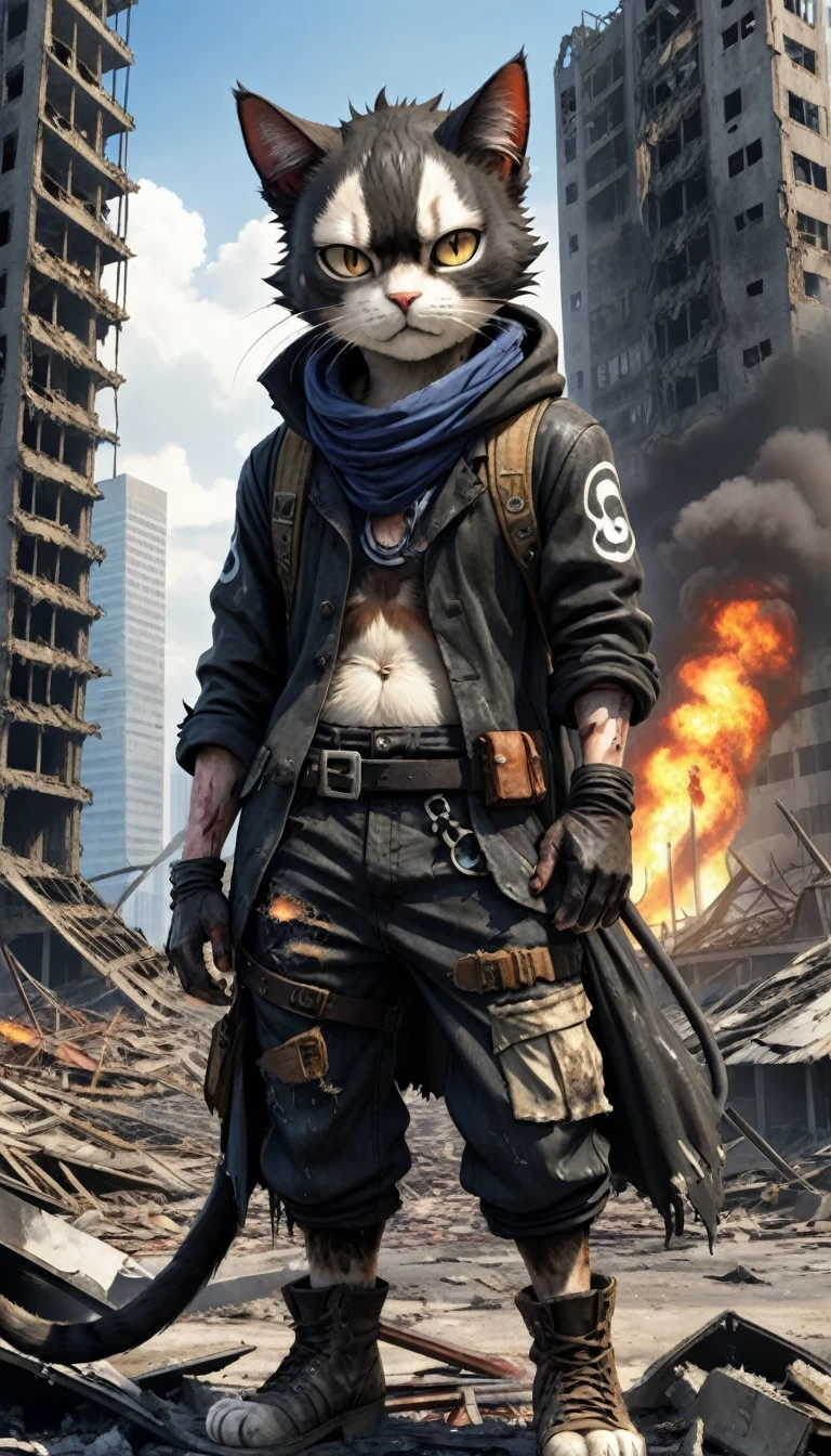 Post apocalyptic cat wearing post apocalyptic clothes in a destroyed city, Skyscraper, fire, One Piece style anime, not clear