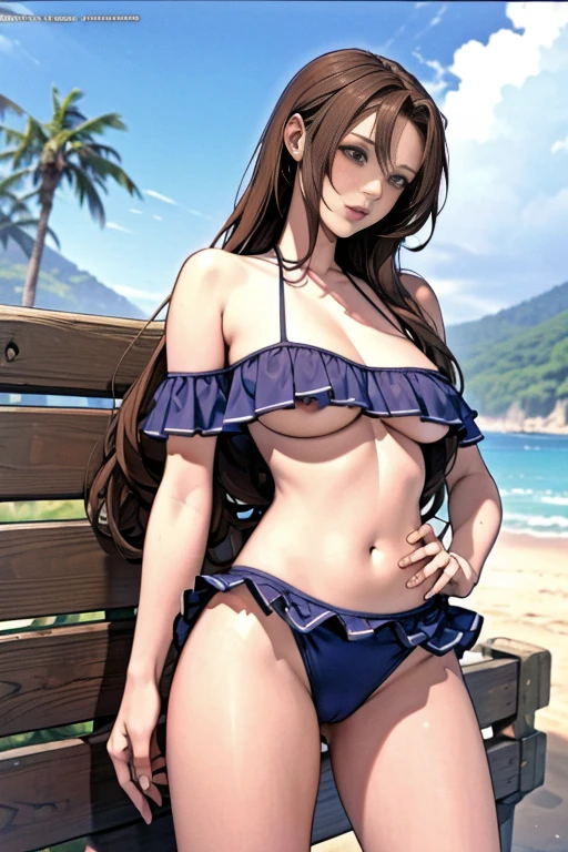 best quality, official art, masterpiece, textile shading, HDR, very detailed, colorful, best details, (Adult,19 years old, One Girl, alone, yuuki asuna, hentai:1.5, bitch, long hair, curly hair, brown hair, bikini:1.5, medium breast, puffy nipples:1.3, skinny, cameltoe:1.5, blue eye, public indecency:1.5, beach:1.5, contemptuous,