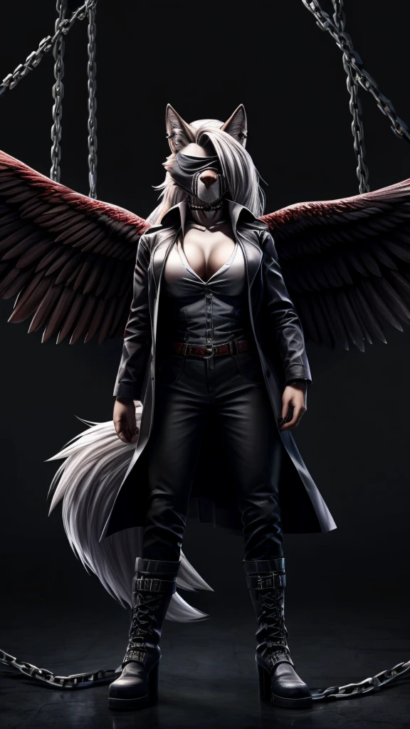 Loona from Helluva Boss, female wolf, anthro, mature adult, white hair, grey eyes, tall, muscular, dark angel, torture and violence angel, shirt, pants, trench coat, boots, chains, blindfolded, serious, covered in blood, bloody face, standing, detailed, solo, beautiful, high quality, clear dark background, full body, 4K