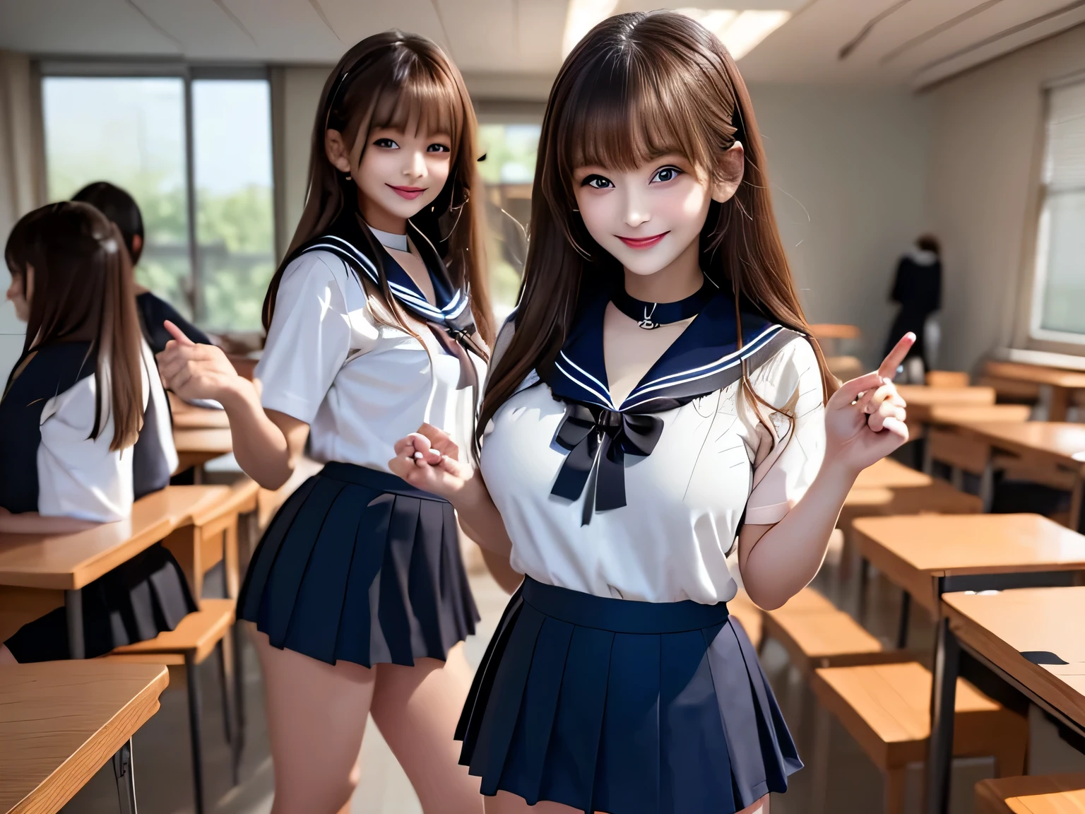 100 Girls,Crowded, Long Hair, Brown Hair, sexy, A row of girls, Girls standing in a row, Girls only, Sisters, ((uniform。Sailor suit、mini skirt)),Full body photo:1.9, Adorable, smile, Slim face, Slim body, Short Brown Hair, 32k, masterpiece, Best image quality,Ultra-high resolution,Perfect hands,Black Choker、blue eyes、bangs、Very numerous and very long eyelashes, Lots of girls、 Dependents, Fully booked, Big Breasts、classroom