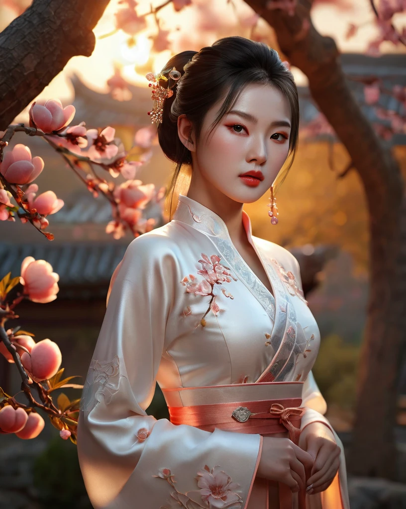 a beautiful korean girl, 31 inch breasts, wearing a luxury white fantasy traditional chinese dress, in an ancient peach garden, sunset light, bokeh background, (best quality,4k,8k,highres,masterpiece:1.2),ultra-detailed,(realistic,photorealistic,photo-realistic:1.37),video game style, mortal kombat style, extremely detailed eyes and face, longeyelashes, beautiful detailed lips, detailed portrait, elegant pose, warm color tones, dramatic lighting, cinematic composition