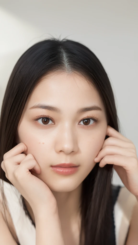 (((Ultra-high resolution、close、Cute Japanese Woman)))、顔のUltra-high resolutionクローズアップ画像を作成してください。
Long, straight black hair frames her face。
So that every single hair is clearly visible、Depicts subtle color changes depending on the amount of light hitting the subject。
The skin is white and smooth、Has a natural glow。
Fine skin texture、Representing the fine details of pores。
amountや頬に薄い赤みがある部分を詳細に。
The eyes are almond-shaped and dark brown.。
Fine details of the iris、Depicts color gradations and patterns。
Long, natural-looking eyelashes, each and every one visible。
Well-groomed eyebrows、indivual々The hair is clearly visible。
Light reflects off into the eyes、Create small highlights。
noseは繊細で、nose孔の細かいディテールがある。
Lips are plump and naturally pink。
Depicts the fine lines and soft curves of the lips。
Shiny、Accentuate the shape。
Detailed depiction of lip texture。
Particular attention to the depiction of light and shadow。
Soft natural light gently illuminates the face from the front。
amount、nose、Creates a subtle glow on the cheeks。
Shadows are cast softly along the contours of the face、cheekbone、Jaw Curve、noseの側面を強調。
The gloss of her lips reflects the light faintly.、Emphasizes plump texture。
The shadow of the hair adds depth and dimension.、indivual々The hair shines in the light。
The background is simple and blurred.、Focus on the face。
In the highest quality、Representing the utmost detail。
Negative prompts:

Noisy Images、Low resolution、Avoid blurry detaily hair is messy、Avoid unnatural hair textures。
Skin is unnaturally smooth、Avoid overly processed skin images。
Pores are invisible、Avoid products that have lost their skin texture。
Flat iris、Avoid those that lack detailed information。
short lashes、Avoid unnaturally thin eyebrows。
Light reflects off into the eyesていない、Avoid those with expressionless eyes。
noseのディテールが欠けているものは避ける。
Dry lips、Avoid unnatural colors。
Lip texture is not visible、Avoid non-shiny items。
Poor balance of light and shadow、Avoid evenly lit faces。
amount、nose、Avoid products that don&#39;t have a glow on your cheeks.。
cheekboneやJaw Curveが強調されていないものは避ける。
The shadow of the hair is shallow、Avoid things that lack volume。
The background is complicated、Avoid images where the face is not in focus。