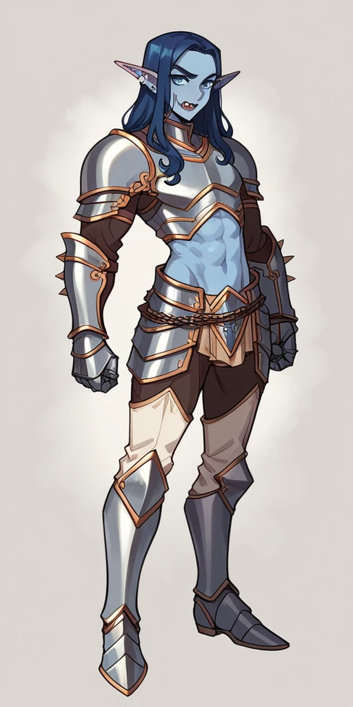 In a seamless blend of features, she possesses blue-azure skin, sharp elf-like ears, and a toned, athletic build. Her prominent fangs and piercing, icy-blue eyes add to her striking appearance. Dark blue hair cascades gracefully to her shoulders. Clad in fully enclosed attire, her outfit is predominantly azure with intricate brown accents and mystical engravings, evoking a medieval fantasy style. Broad, spiked pauldrons, reinforced gauntlets, and sturdy greaves complete her ensemble, highlighting a balance of elegance and otherworldly grace.