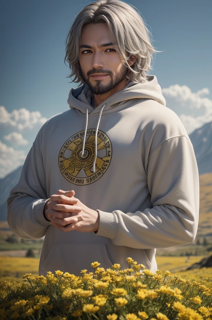 Grizzly Man, jovial appearance, gray eyes, charming smile, White sweatshirt with gold drawstring, flowery landscape, grey sky"anime traits inspired by One Piece, encharcado de dramatic lighting e incrível, dramatic lighting, infused with creative details, design 2D ultrafino, cenário bathed in creativity, bathed in creativity, boasting HD anime resolution clarity, HD anime graphics, high-octane rendering"