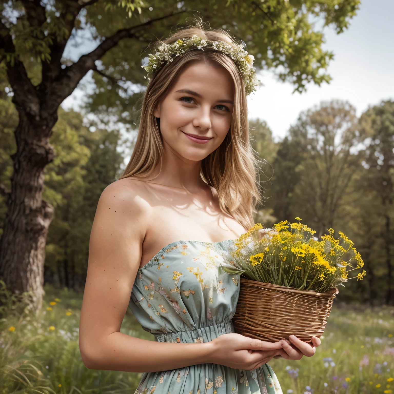 **March - Spring Awakening in the Black Forest**
On the March calendar page, LaGermania stands amidst a vibrant spring meadow in the Black Forest. She wears a flowing dress in shades of green and yellow, its organic cotton fabric and floral prints reflecting the season. Her blonde hair is adorned with a floral wreath, adding natural elegance. Her expression is happy and curious, with a subtle smile. The background showcases blooming flowers and tall trees, with a clear blue sky overhead. The dress's lightweight texture and embroidery evoke the freshness of spring. LaGermania's posture is relaxed, one hand touching a flower while the other holds a wicker basket filled with wildflowers. The scene captures the beauty of spring awakening in the Black Forest.