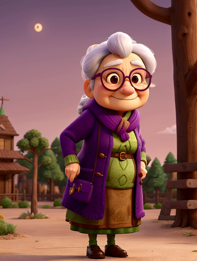 work of art, best qualityer, An old woman with glasses and a scarf, wearing a purple coat and green scarf, stopped not park