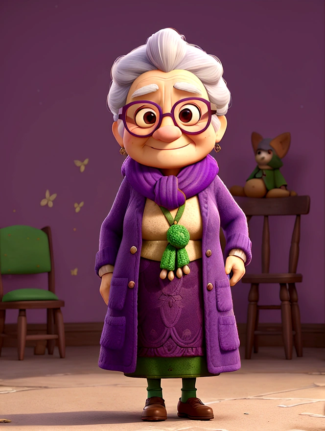 work of art, best qualityer, An old woman with glasses and a scarf, wearing a purple coat and green scarf, stopped not park