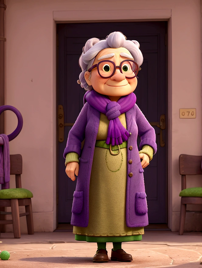 work of art, best qualityer, An old woman with glasses and a scarf, wearing a purple coat and green scarf, stopped not park