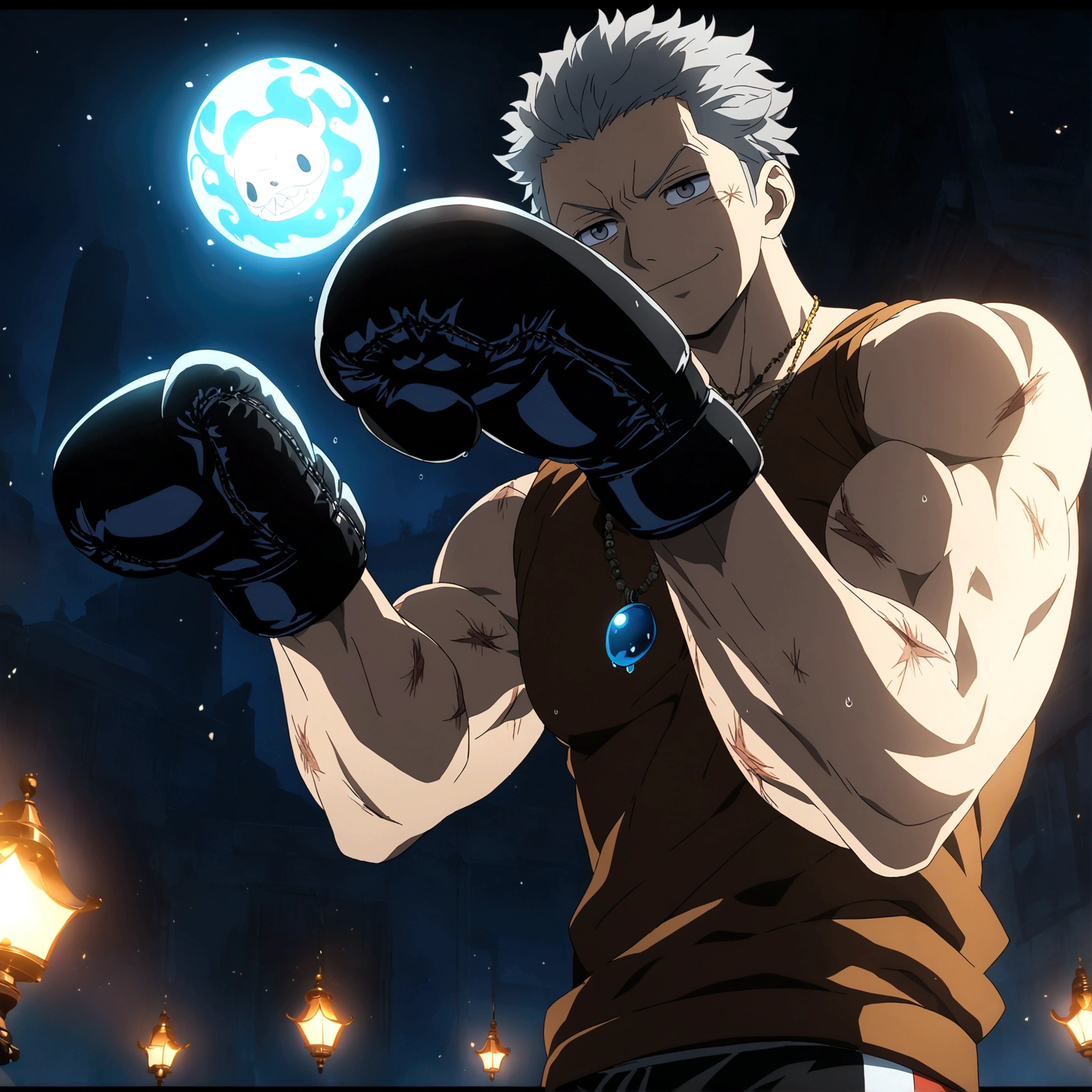 Young man, muscular and robust body, short gray hair, brown tank top, boxing shorts, stitched leather boxing gloves, fight bruises on the body, innocent smile, pointed nose, necklace with blue drop symbol, boxer pose, "Anime features inspired by One Piece, drenched in dramatic and incredible lighting, dramatic lighting, infused with creative details, ultra-fine 2D design, scenery bathed in creativity, bathed in creativity, boasting HD anime resolution clarity, HD anime graphics, high-octane rendering"