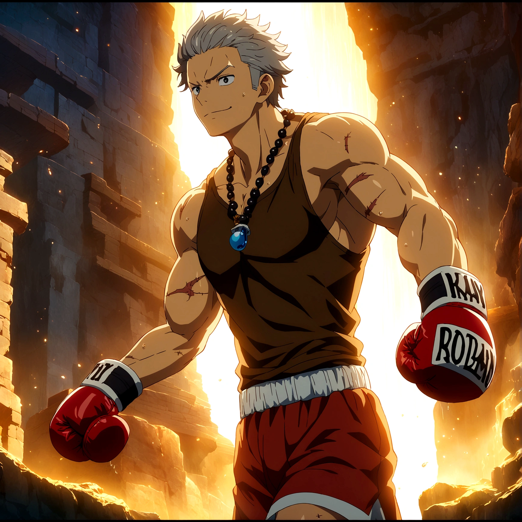 Young man, muscular and robust body, short gray hair, brown tank top, boxing shorts, stitched leather boxing gloves, fight bruises on the body, innocent smile, pointed nose, necklace with blue drop symbol, boxer pose, "Anime features inspired by One Piece, drenched in dramatic and incredible lighting, dramatic lighting, infused with creative details, ultra-fine 2D design, scenery bathed in creativity, bathed in creativity, boasting HD anime resolution clarity, HD anime graphics, high-octane rendering"