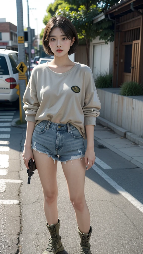 Highest image quality, Outstanding details, Ultra-high resolution, (realism: 1.4), ((close up:0.75)), Favor the details, 20 years old, Delicate and beautiful face, Eyes with spirit,short hair,Temperament,Perfect proportion,(full-body shot),Standing (upright, Normal breast, Chubby:0.4), (Wear, military camouflage clothing, Denim shorts, Holding an assault rifle), team leader, Background dilapidated street。