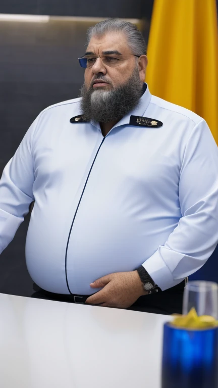 8 Generais estão em uma mesa de vidro , ao centro da mesa tem um aparelho que usa uma tela de olho grama mostrando o universo, The space general wears a futuristic uniform, he is fat bearded, long sleeve uniform , he has his arms crossed seriously, speaking to the viewer, He wears a white general's hat on his head. Visão completo de todos os participantes da reunião.