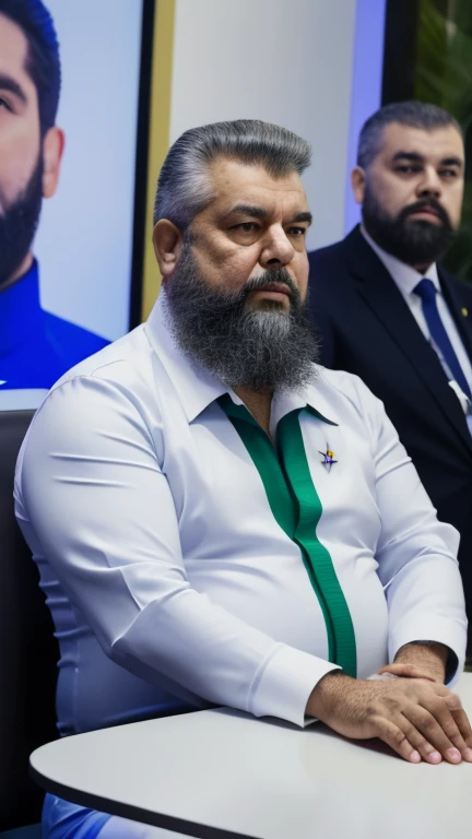 8 Generais estão em uma mesa de vidro , ao centro da mesa tem um aparelho que usa uma tela de olho grama mostrando o universo, The space general wears a futuristic uniform, he is fat bearded, long sleeve uniform , he has his arms crossed seriously, speaking to the viewer, He wears a white general's hat on his head. Visão completo de todos os participantes da reunião.