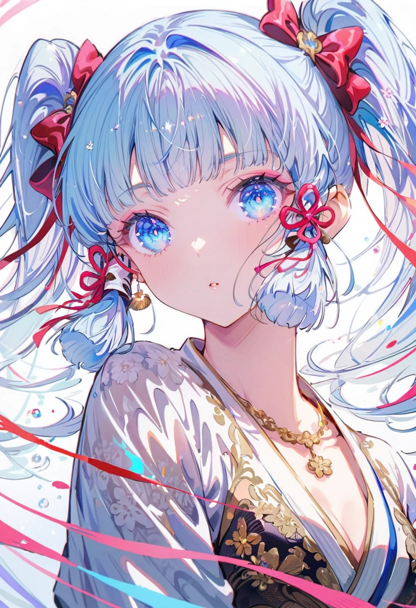 (masterpiece), (best quality), (Extremely detailed),(illustration), (1 Girl), (Fashion), permanent, fashion model, Looking at the audience, (interview), (Simple background), Beautiful and delicate eyes, Exquisite beauty, floating, (High Saturation), (Colorful splash), Colored bubbles, (shine), Focus on the face, Twin Tails, Kamisato Ayaka, Light blue hair, floating flowers, (shining), Optimal lighting, The best shadow, whole body, Vista,Heavy makeup,Double tail