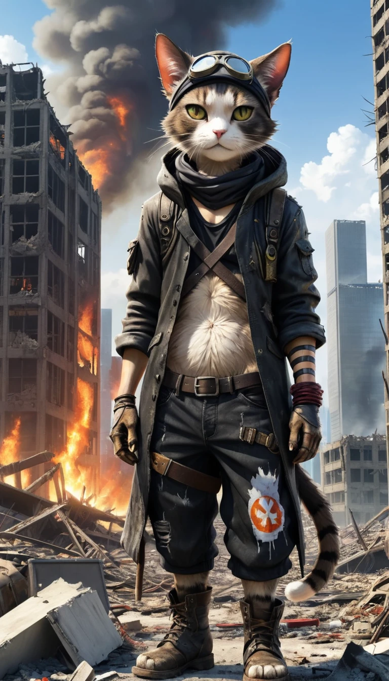 Post apocalyptic cat wearing post apocalyptic clothes in a destroyed city, Skyscraper, fire, One Piece style anime, not clear