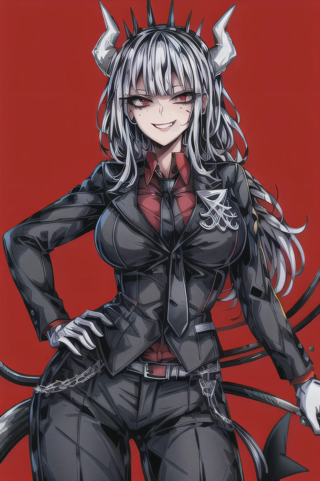 lucifer(helltaker), shirt, mole under eye, pants, white gloves, belt, demon horns, black necktie, looking at viewer, simple background, formal, demon girl, red eyes, smile, 1girl, white hair, tail, mole, grin, necktie, solo, suit, white horns, black pants, horns, large breasts, demon tail, jacket, red shirt, gloves, long hair