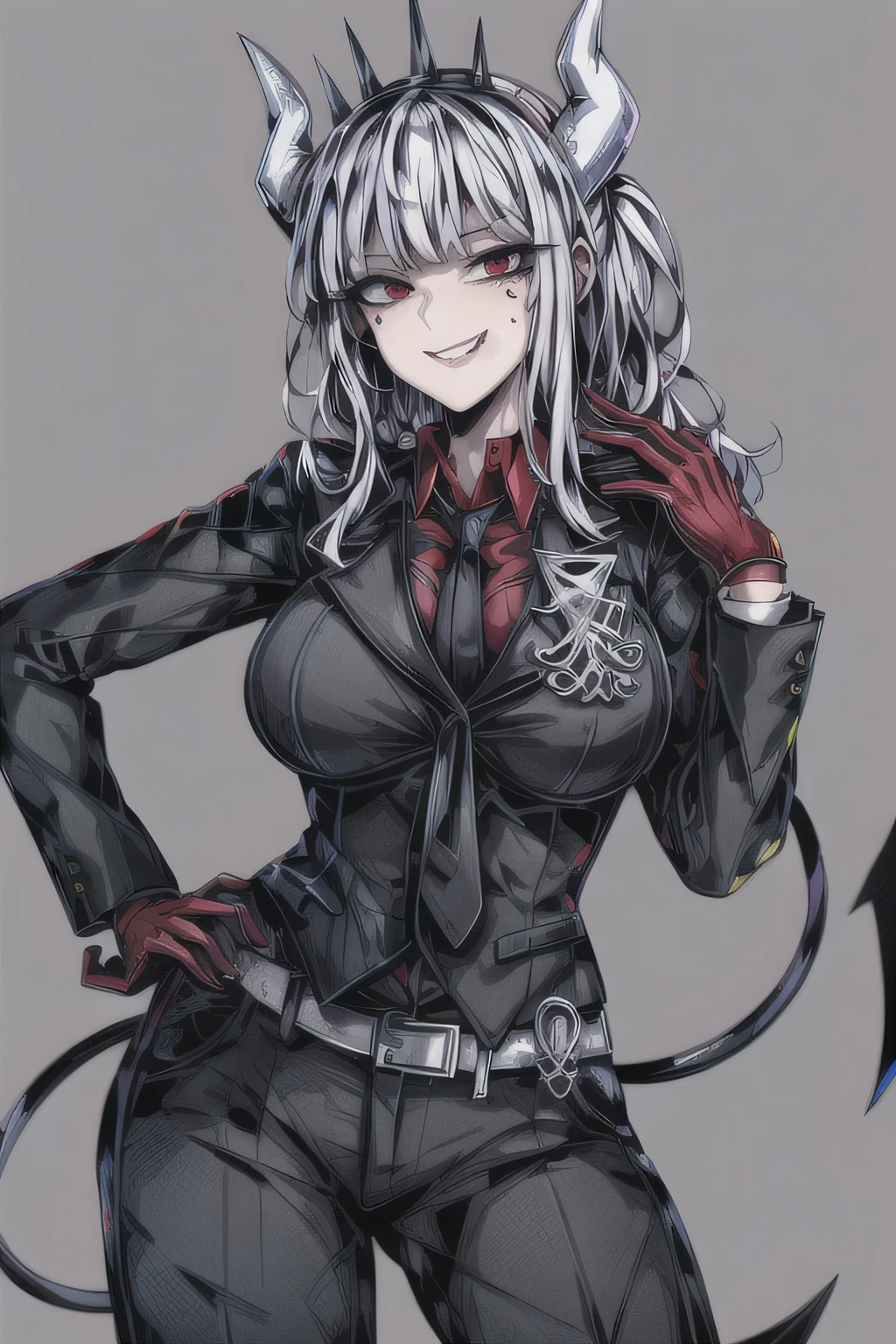lucifer(helltaker), shirt, mole under eye, pants, white gloves, belt, demon horns, black necktie, looking at viewer, simple background, formal, demon girl, red eyes, smile, 1girl, white hair, tail, mole, grin, necktie, solo, suit, white horns, black pants, horns, ?????????????, demon tail, jacket, red shirt, gloves, long hair