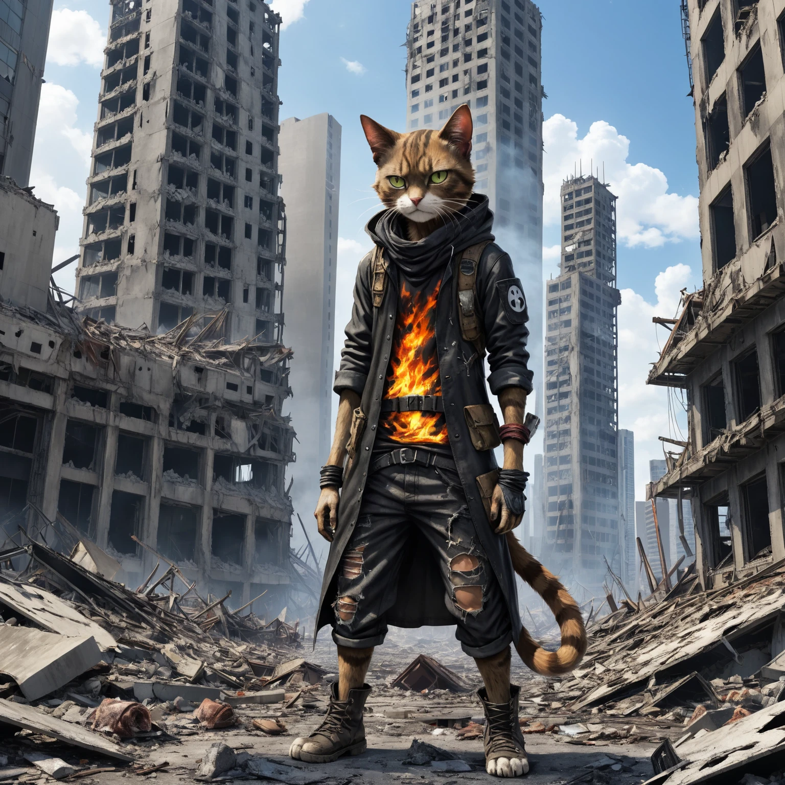 Post apocalyptic cat wearing post apocalyptic clothes in a destroyed city, Skyscraper, fire, One Piece style anime, not clear