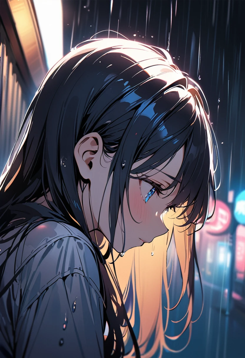 1 girl, long hair, black hair, straight hair, short bangs above brows, blue eyes, looking down, sad, half eyes opened, teared, crying, wet hair
BREAK (masterpiece), (high resolution 8K), cinematic lighting, professional lighting, detailed eyes and face, detailed body, 
BREAK from side, profile, rain, night