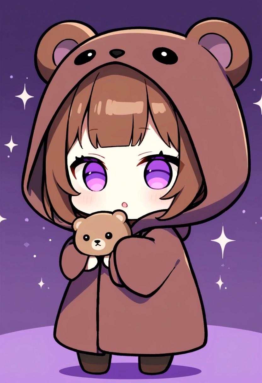bangs bangs、Bangs、Crisp bangs、long brown hair、Wearing a dark brown bear hood、茶髪ロングのChibi Character、Wearing a dark brown bear ear hooded blanket、Purple Eyes、Purple betta background、Chibi Character、Holding a teddy bear、Bear face hood