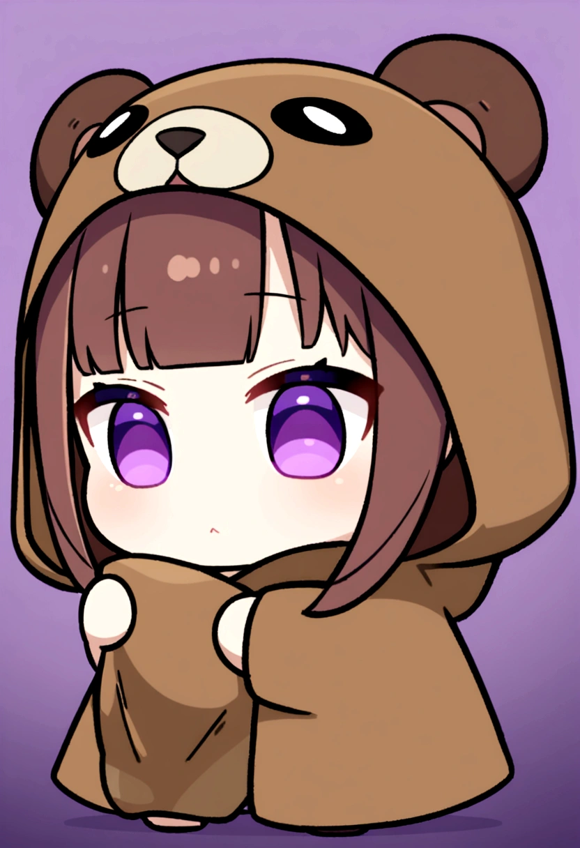 bangs bangs、Bangs、Crisp bangs、long brown hair、Wearing a dark brown bear hood、茶髪ロングのChibi Character、Wearing a dark brown bear ear hooded blanket、Purple Eyes、Purple betta background、Chibi Character、Holding a teddy bear、Bear face hood