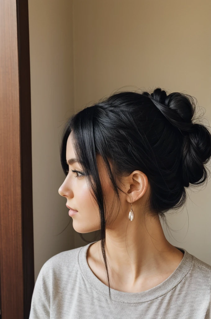 22 year old, white, American, women, messy bun black hair