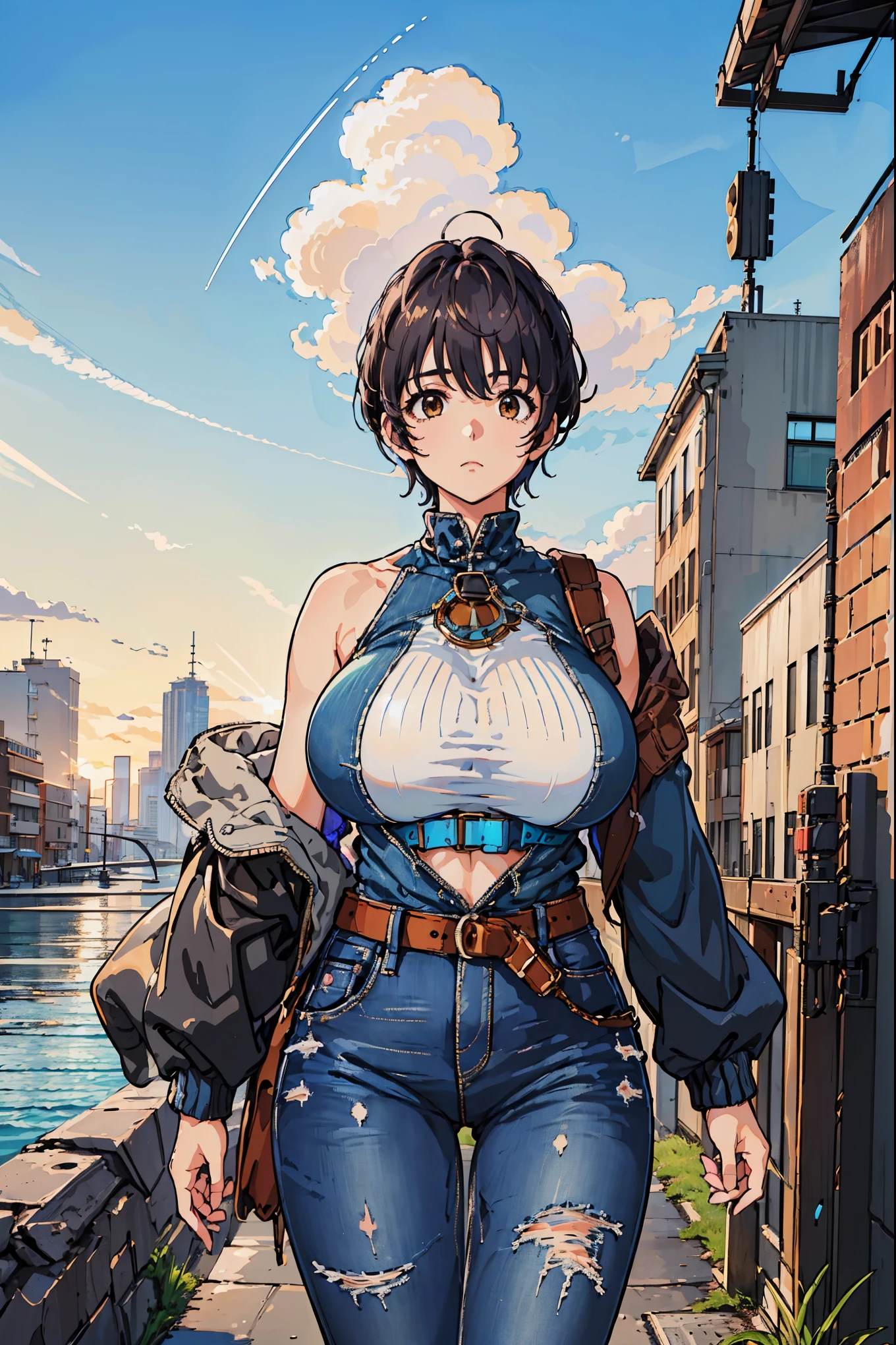 (masterpiece, best quality:1.2), 1 girl, Solitary , Sexy , Blue Jacket , Tailored jeans , (Cowboy shooting) , Black Hair , White top,huge , Crazy breast swelling, Chest larger than shoulder blades, Big breasts and thin waist,(huge breasts:1.2),Hydrated skin((rogue))((非常huge乳房)),((Grooves reveal original skin))