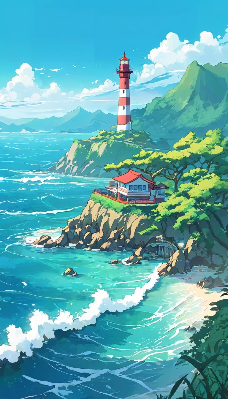 The ocean is right in front of you、Tropics、Ocean、ocean shore、cliff、Bungalow、Resort、turquoise blue、Emerald green、sunshine、water surface、rock、cloud、blue sky、buzzer、Paradise、beautiful、vivid、nature、trip、vacations、beautiful Anime Scenery, Landscape painting, Lighthouse, Beautiful digital painting, andreas rocha, Beautiful artwork illustration, Awesome Wallpapers, Raymond Han, tall beautiful painting, Studio Greebly New Ocean Makoto, Beautiful Wallpaper, Anime Scenery
