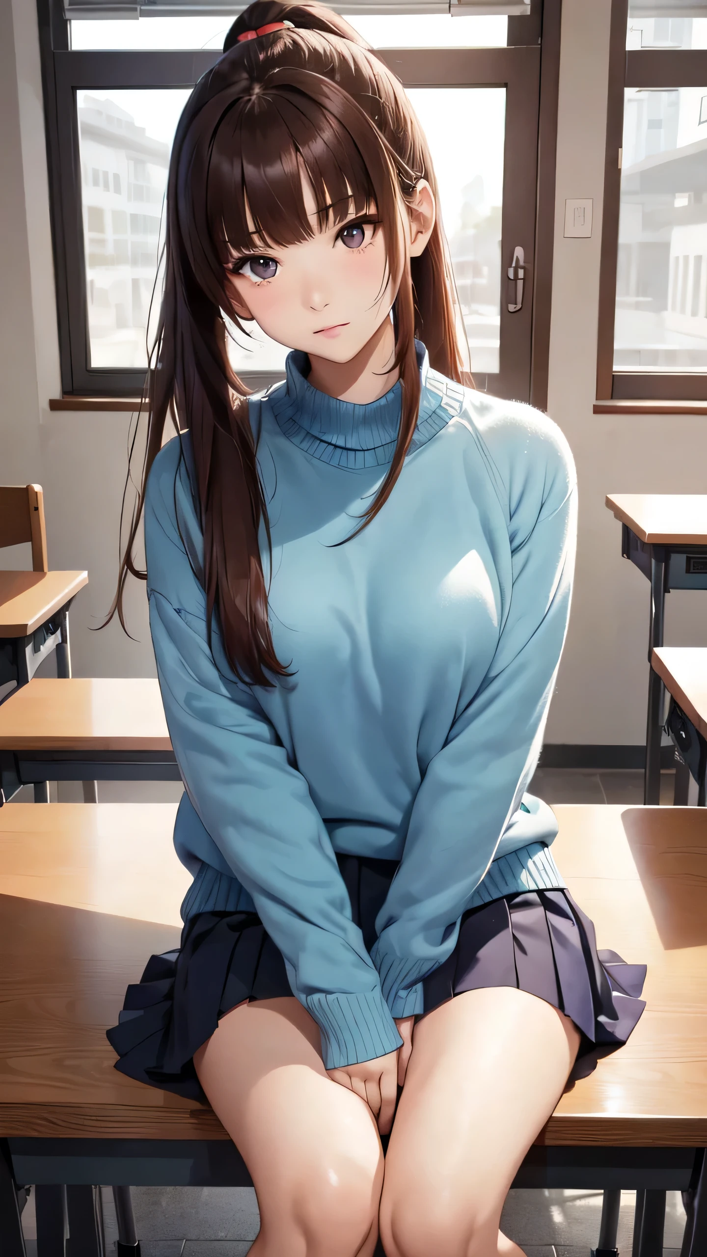 （8K, best quality, Piece Fly:1.2)、Ultra-high resolution,1 female，14 years old、Ultra-fine face,Delicate eyes,Green eyes,Cinema Lighting、Cool、Tree Eyes,Retouched nose,Brown long hair,Ponytail,Red hair band,rest,In the classroom rest,Korean style sweater school uniform,Blue JK pleated skirt,,rest,((Korean style preppy sweater top)),,Long sleeve,rest,Detailed fingers,attract the audience,Sitting in the classroom,Nervous expression,serious