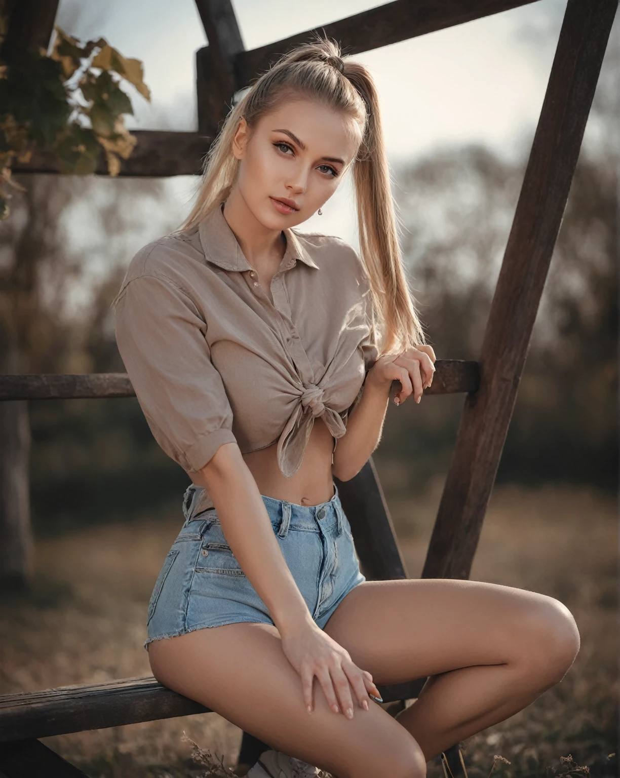 arafed woman sitting on a bench in a field with a long ponytail, Anna Nikonova aka Newmilky, pose casual, olga buzova, Instagram Template, Aleksandra Waliszewska, attractive pose, beautiful model, sexy girl with shorts, modeling photography, beautiful model girl, Yelena Belova, 2 4 year old female model