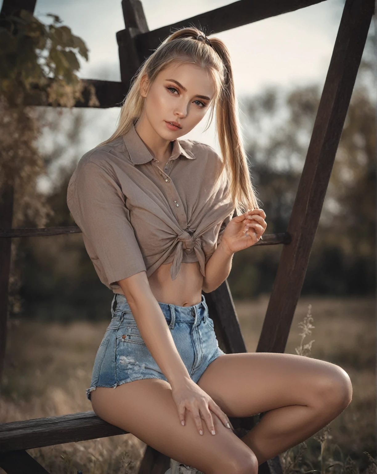arafed woman sitting on a bench in a field with a long ponytail, Anna Nikonova aka Newmilky, pose casual, olga buzova, Instagram Template, Aleksandra Waliszewska, attractive pose, beautiful model, sexy girl with shorts, modeling photography, beautiful model girl, Yelena Belova, 2 4 year old female model