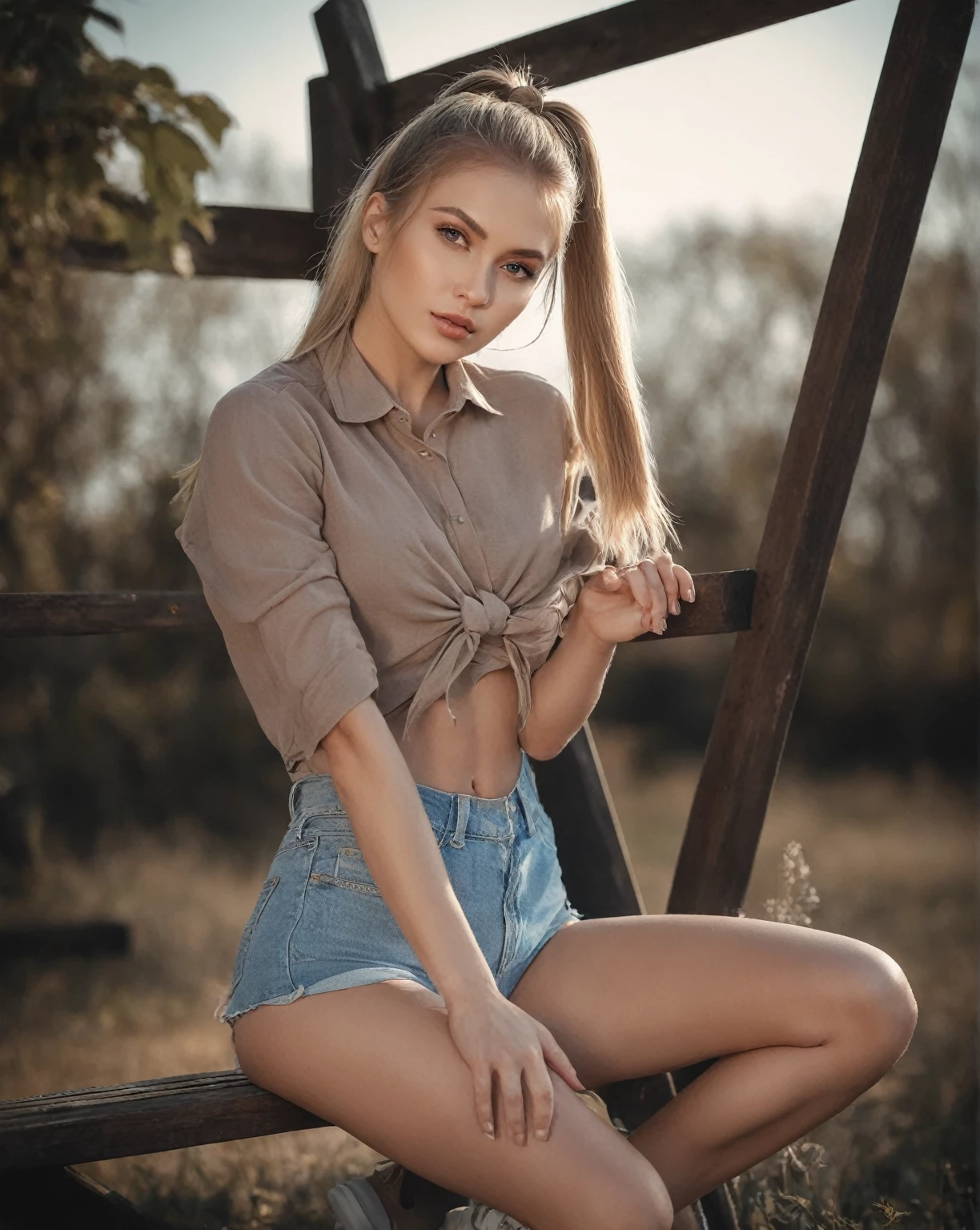 arafed woman sitting on a bench in a field with a long ponytail, Anna Nikonova aka Newmilky, pose casual, olga buzova, Instagram Template, Aleksandra Waliszewska, attractive pose, beautiful model, sexy girl with shorts, modeling photography, beautiful model girl, Yelena Belova, 2 4 year old female model