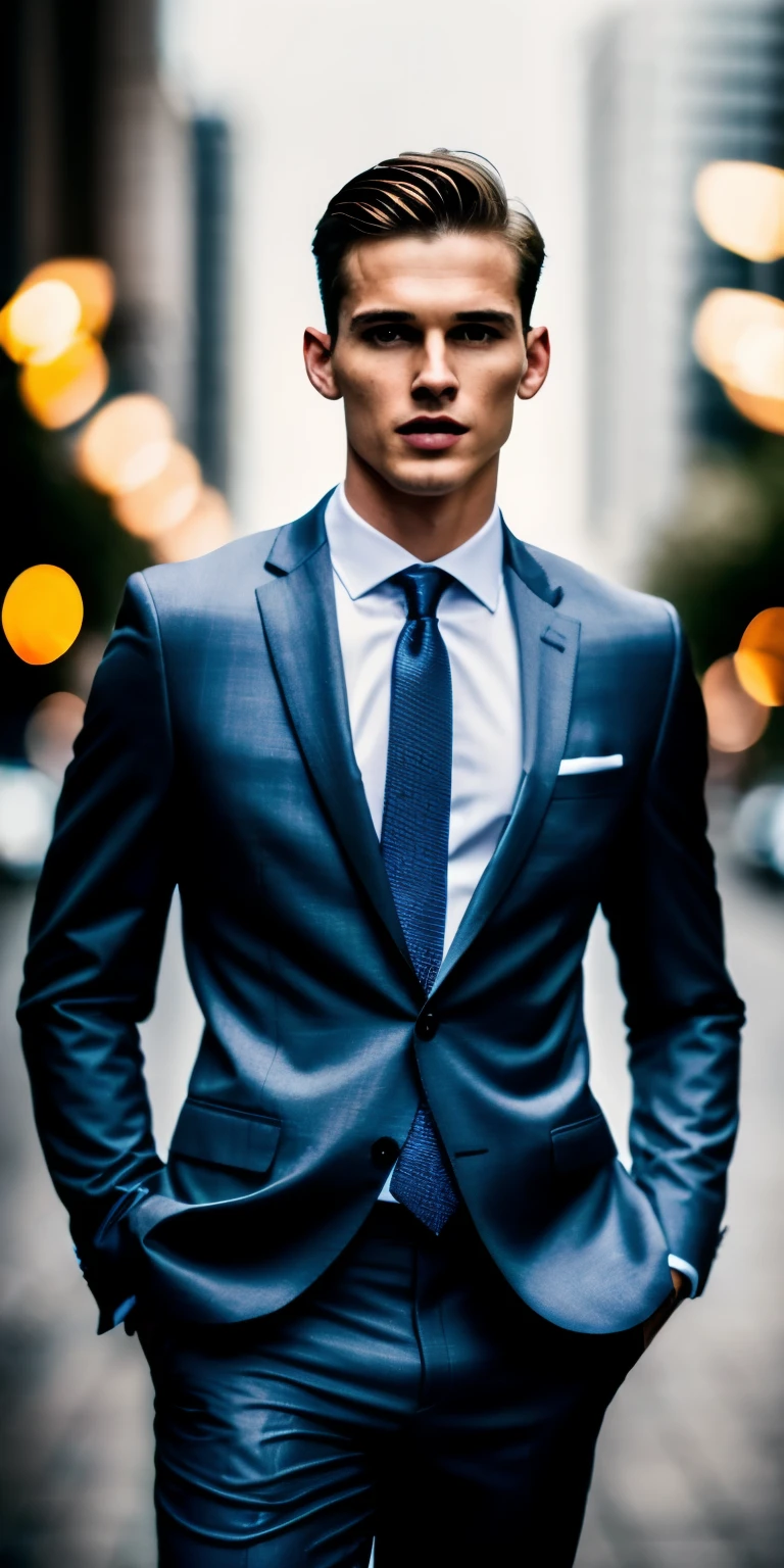 Sporty looking man, Wear a suit, movie light, depth of field, Bokeh, realism, realistic, hyperrealism, professional photography, UHD, dslr, HDR