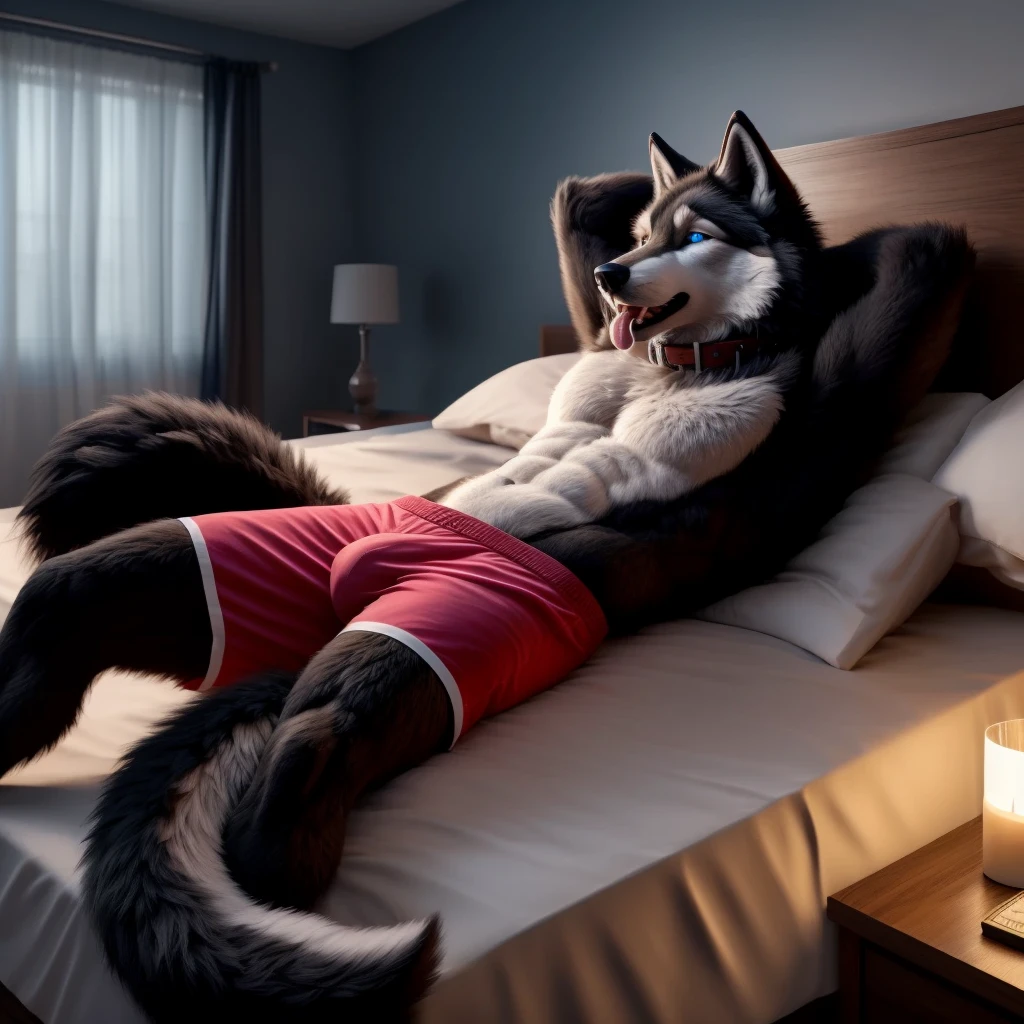 Lying downi on back ontop of bed, Male, 30 years old, cute, eyeliner, mouth open with tongue hanging out, topless, anthro, wolf ears, (white and black fur:1.5), wolf, bedroom background, 8k, hi res, (best quality, masterpiece), (wolf tail:1.5), detailed fur, solo, night, leashing and collar, boxers, blue eyes, sleepy