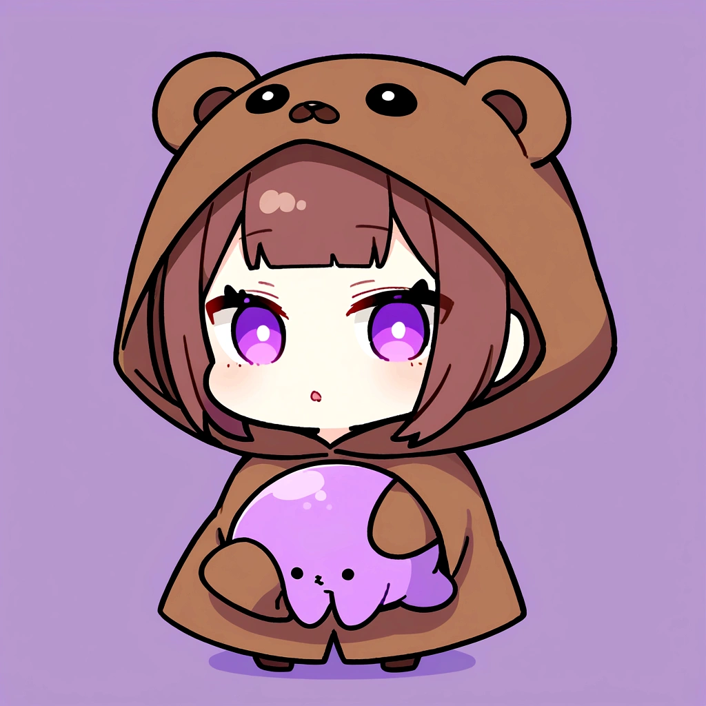 bangs bangs、Bangs、Crisp bangs、long brown hair、Wearing a dark brown bear hood、茶髪ロングのChibi Character、Wearing a dark brown bear ear hooded blanket、Purple Eyes、Purple betta background、Chibi Character、Holding a teddy bear、Bear face hood