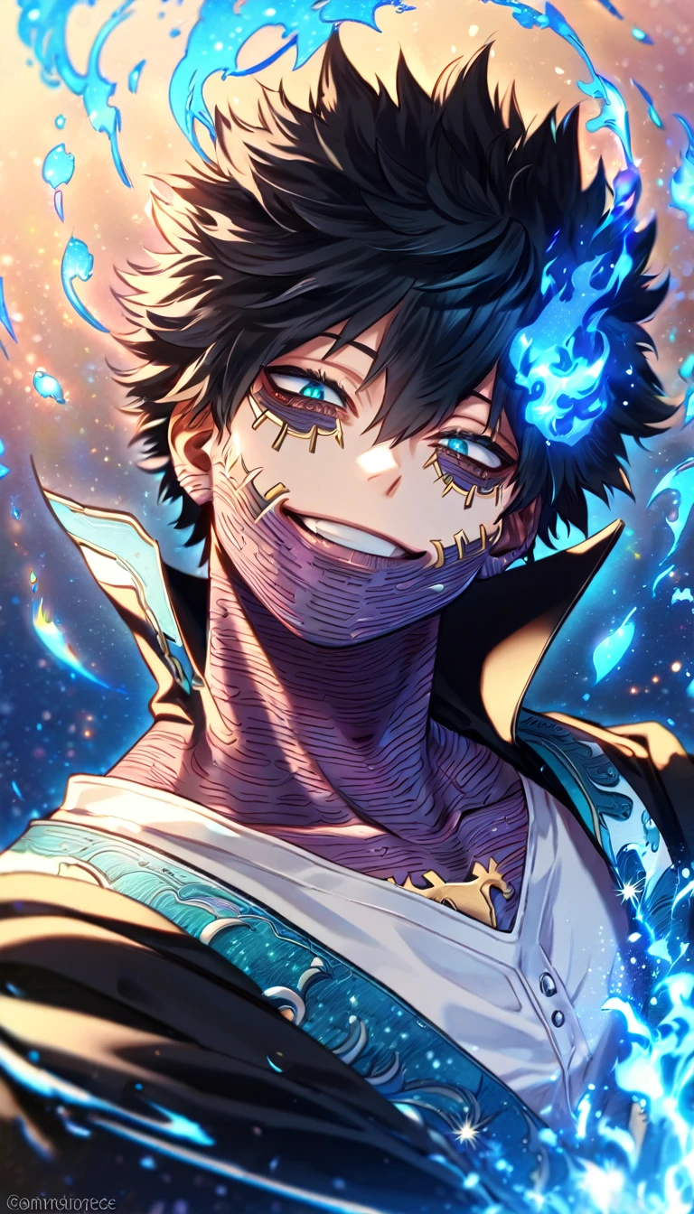 absurdres, highres, ultra detailed, HDR, master piece, best quality, extremely detailed face, delicated features, Dabi, black hair, expressive turquoise eyes, Boku No Hero Academia, sexy man, solo, handsome, smiling, black coat with high collar, white T-shirt, fantasy, magical, blue fire, starry sky, blue lights, blue flames background, blue background