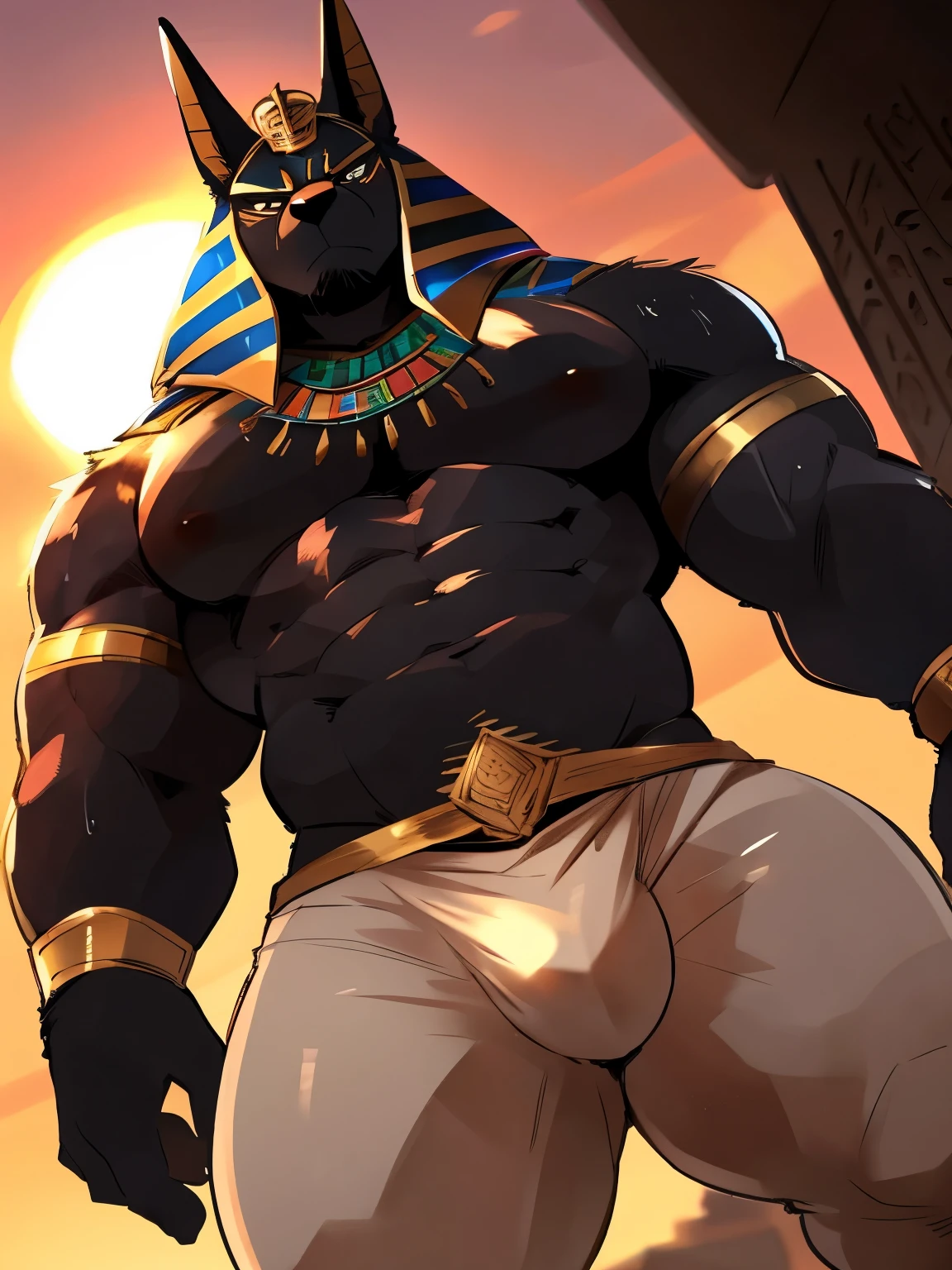 Muscular, male, furry, fluffy, Covered scars, bare chest, hot, (wet: 1.3), abs, wide body, egyptian jewelry, egyptian armor, Looking at viewers, thick beard , (bara pecs: 1.1), anthro jackal, anubis mask, black body, black furr chest, wide body, (big chest: 1.3) , thick thighs, wearing tights, (bulge: 1.1), barely visible genitals, detailed genitals outline , intimidating frown expression, gold nipples ring, dark dramatic lighting, sunset, low angle, dutch angle, by hyaku , by darkgem