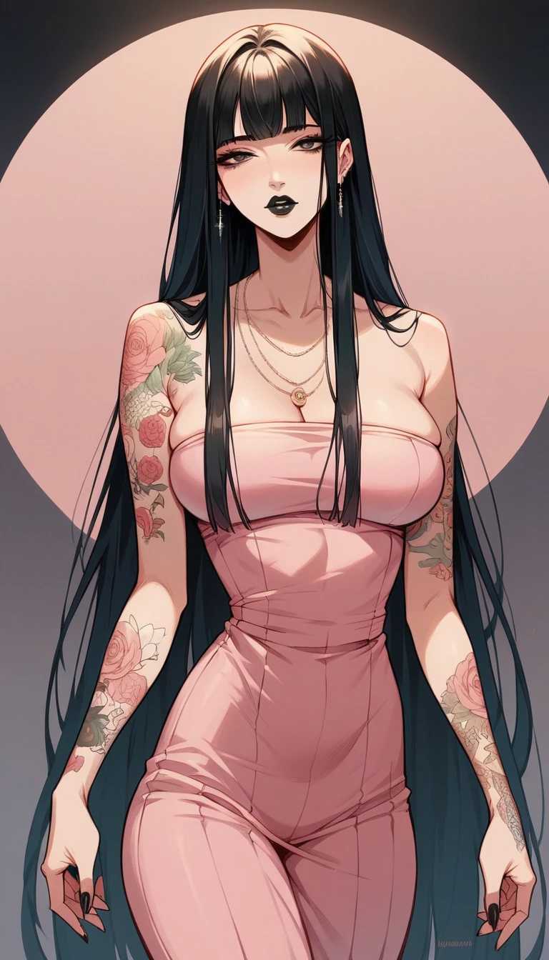 beautyful mature japanese woman, slim body, slender body, black bra, big long fringe black hair, black lipstick, pink corporate suit, milf, tattooed, black tattoos, sit