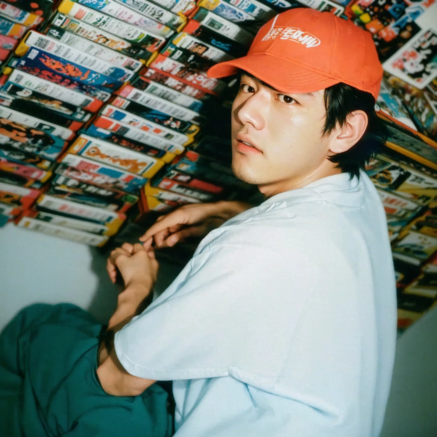 There is a man sitting on a skateboard in front of a wall of DVDs, praise, Yosuke Ueno, Nishimura Kinu, Yoh Yoshinori, praise girl, color de 35 mm, 3 colors of 5mm, Daisuke Tsutsumi, Yuya Nagai, retro 9 0s japanese, by Yanagawa Nobusada